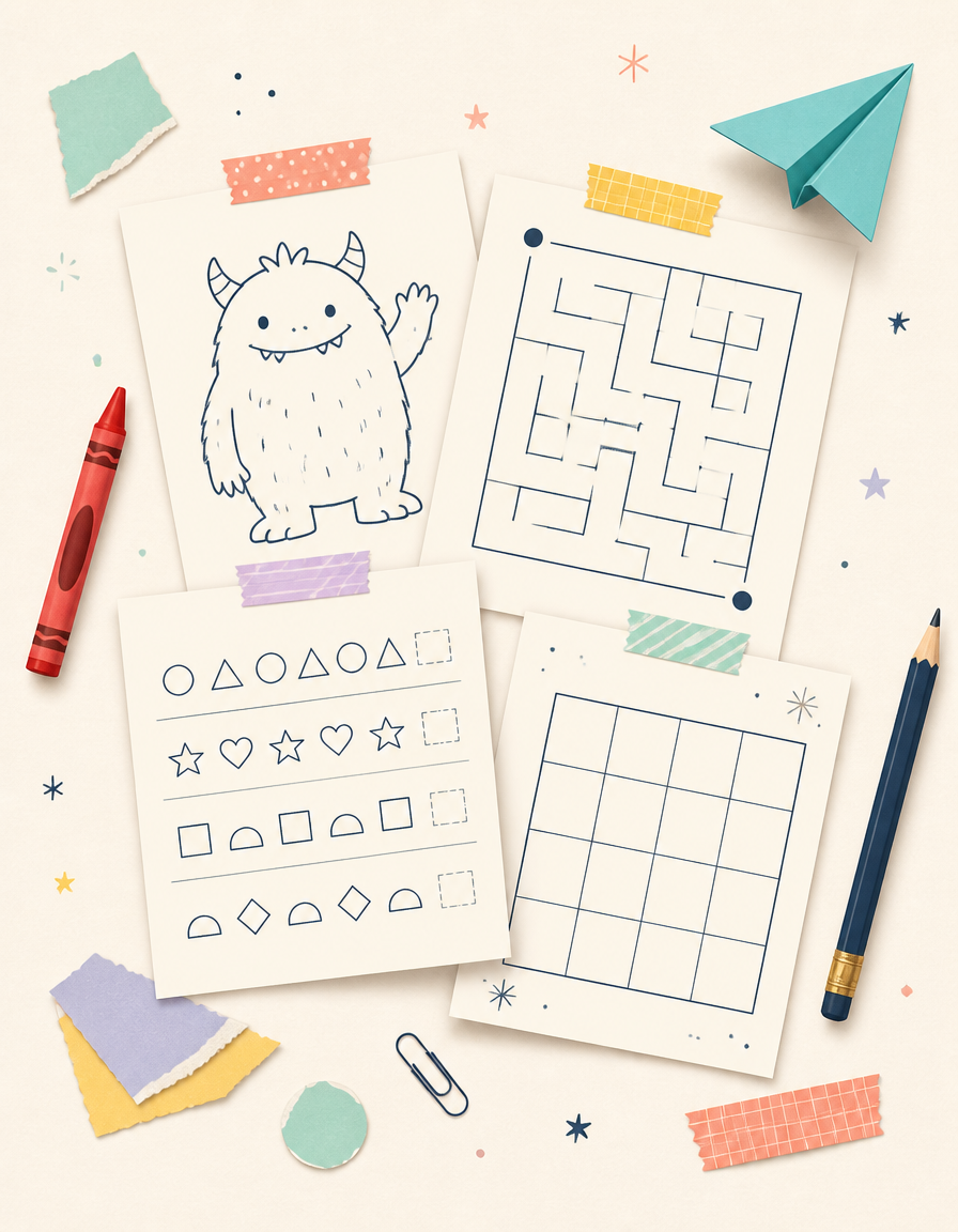Overhead illustration of printable Screen Free 365 activity sheets with crayons, paper plane, tape and small paper details